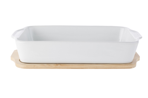 Auflaufform Porzellan + Holzuntersetzer